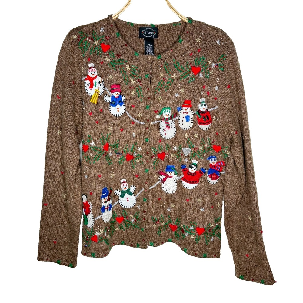 Designers Studio‎ Originals Cardigan Womens M Brown Good Snowman Ugly Christmas